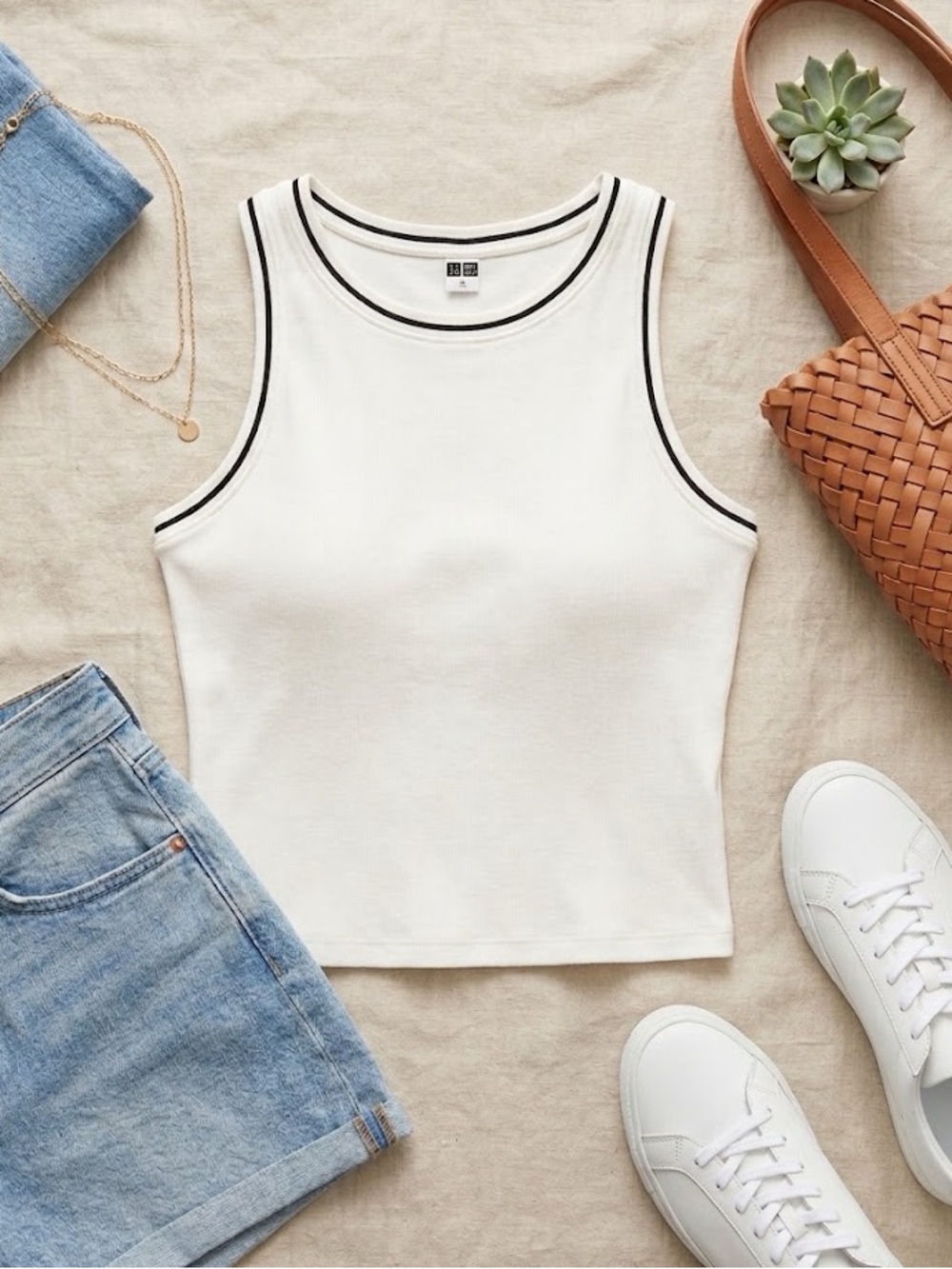 Uniqlo White Ribbed Tank with Black Trim Accents